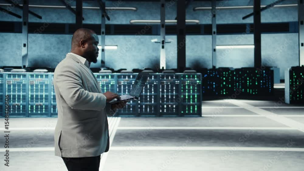 Poster server room system administrator using laptop to do infrastructure ai machine learning automatizatio