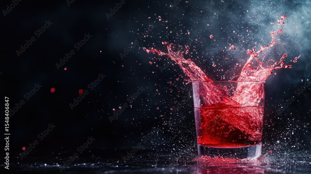 Poster an energetic splash of vibrant red liquid captured in a glass, creating a dynamic and exciting visua