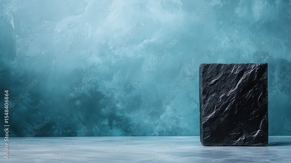 Poster an abstract representation featuring a textured black stone block set against a beautiful blue backg