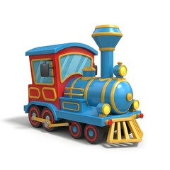 Cartoon Blue Toy Train with Red Accents on White Background