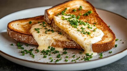 A plate of golden-brown toasted bread topped with melted cheese and fresh herbs, creating an appetizing and comforting meal perfect for breakfast or a snack.