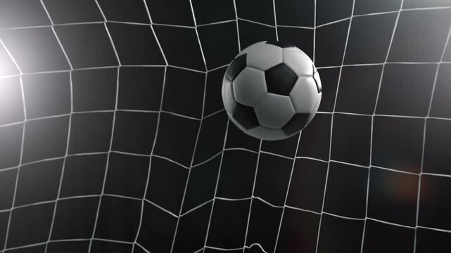 Super Slow Motion Soccer Ball Hitting Goal Net on Black Background, 1000fps.