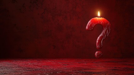 A candle shaped as a question mark burns brightly on a textured red surface, symbolizing uncertainty, mystery, and contemplation in life’s profound questions.