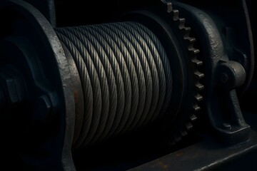 Heavy Duty Black Winch Coil with Steel Cable on Industrial Marine Equipment Highlighting Mechanical Texture and Nautical Engineering Detail
