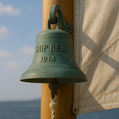 Vintage Green Bronze Ship Bell Marked 1914 with Patina Hanging from Mast Beside Sail with Ocean Horizon in Background
