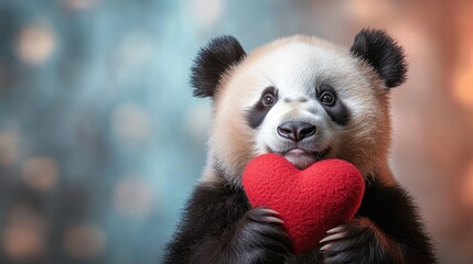 Fototapeta premium This charming panda cub holds a soft red heart plush, showcasing a delightful expression against a softly blurred colorful background, perfect for emotional connection imagery.