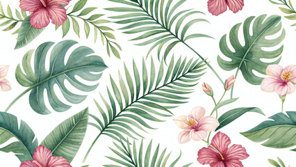 Watercolor Tropical Seamless Pattern with Palm Leaves and Exotic Flowers
