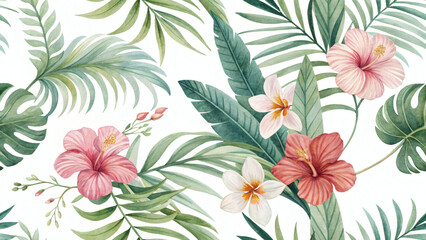 Watercolor Tropical Seamless Pattern with Palm Leaves and Exotic Flowers
