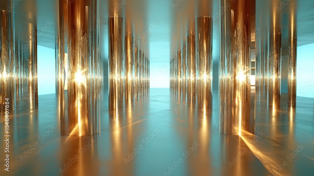 Poster this captivating corridor showcases a futuristic design with striking polished columns reflecting li