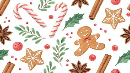 Watercolor Christmas Seamless Pattern with Gingerbread Cookies and Candy Canes
