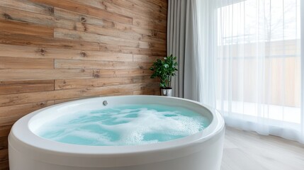 This serene bathroom features a luxurious jacuzzi tub surrounded by wooden walls, giving a calming and natural atmosphere perfect for relaxation and unwinding after a long day.