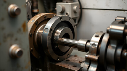 The turning machine operation with metal parts.