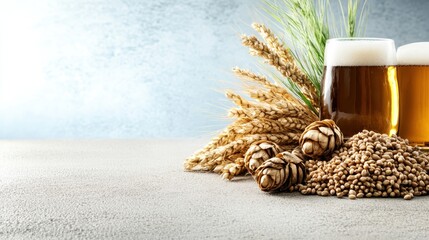 Two frosty glasses of beer surrounded by barley, hops, and grains, embodying the traditional art of brewing and the essence of craft beer culture.