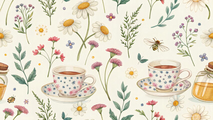 Watercolor Cottagecore Seamless Pattern with Teacups and Wildflowers
