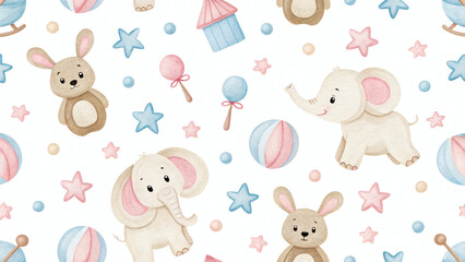 Watercolor Seamless Pattern with Baby Animals and Toys for Kids Packaging
