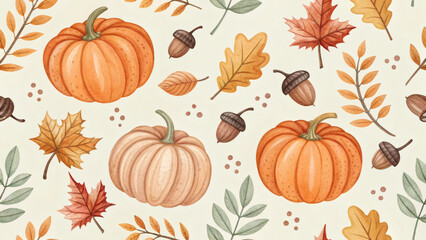 Watercolor Halloween Seamless Pattern with Pumpkins and Autumn Leaves
