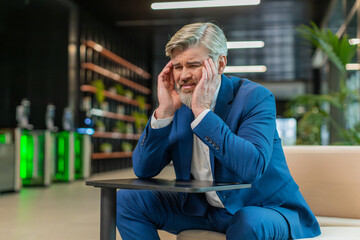 Tired ill middle-aged businessman suffering from headache problem tension and migraine, stress in...