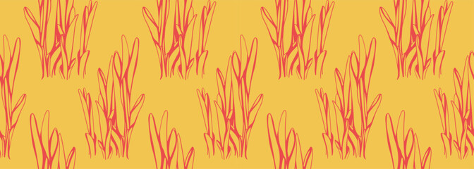 Vibrant coralred stylized grass pattern on a sunny yellow background.  Perfect for textile designs, wallpapers, branding, or any project needing a cheerful, summery feel.