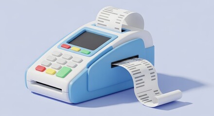 Point of Sale Terminal with Paper Receipt on Light Blue Background