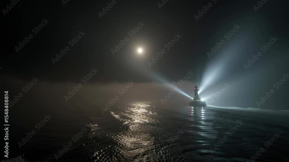 Poster powerful light beams emanating from a lighthouse piercing through thick fog over a dark ocean at nig