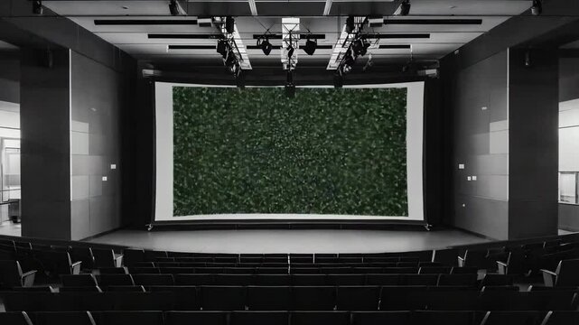 A monochrome view of an empty auditorium with a large screen and rows of seating in the hall