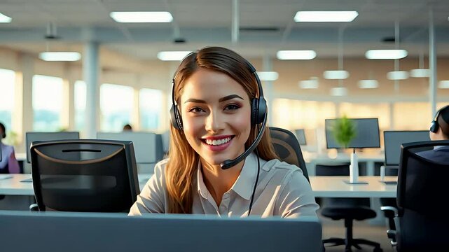 Friendly female call center employee with headset smiling while working in bright corporate office space
