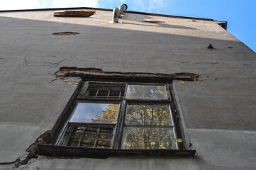 old building ruin, damaged brick wall