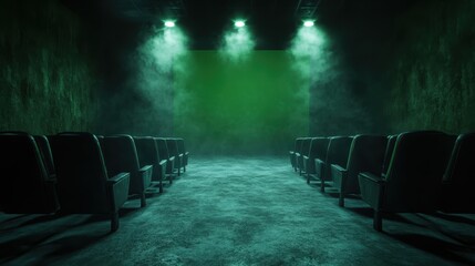 An eerie, atmospheric theatre illuminated by green lights creates a suspenseful and intriguing space, inviting viewers into an unknown narrative or experience.