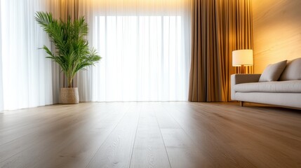 Fototapeta premium A beautifully styled modern living room flooded with natural light, featuring a cozy sofa, stylish curtains, and a lush indoor plant, radiating warmth and tranquility.