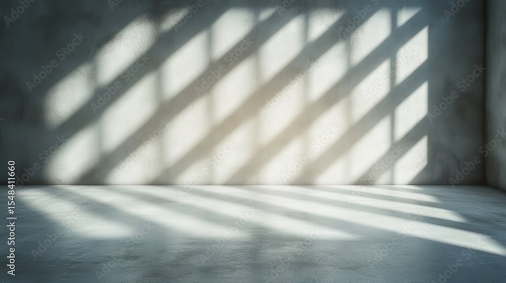 Poster a spacious and empty room illuminated by soft light creating dramatic shadow patterns on the walls, 