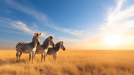 Fototapeta premium A stunning image of three zebras standing together in a golden grass field under a beautiful sky, symbolizing unity and nature's beauty in a serene landscape.