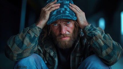 Fototapeta premium A close-up portrait of a pensive bearded man expressing deep emotions, evoking a sense of contemplation and vulnerability in a dimly lit environment.