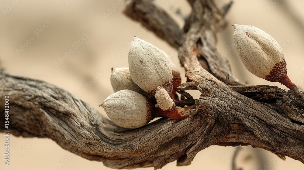 Poster a branch with a bunch of nuts on it. the nuts are brown and have a fuzzy texture