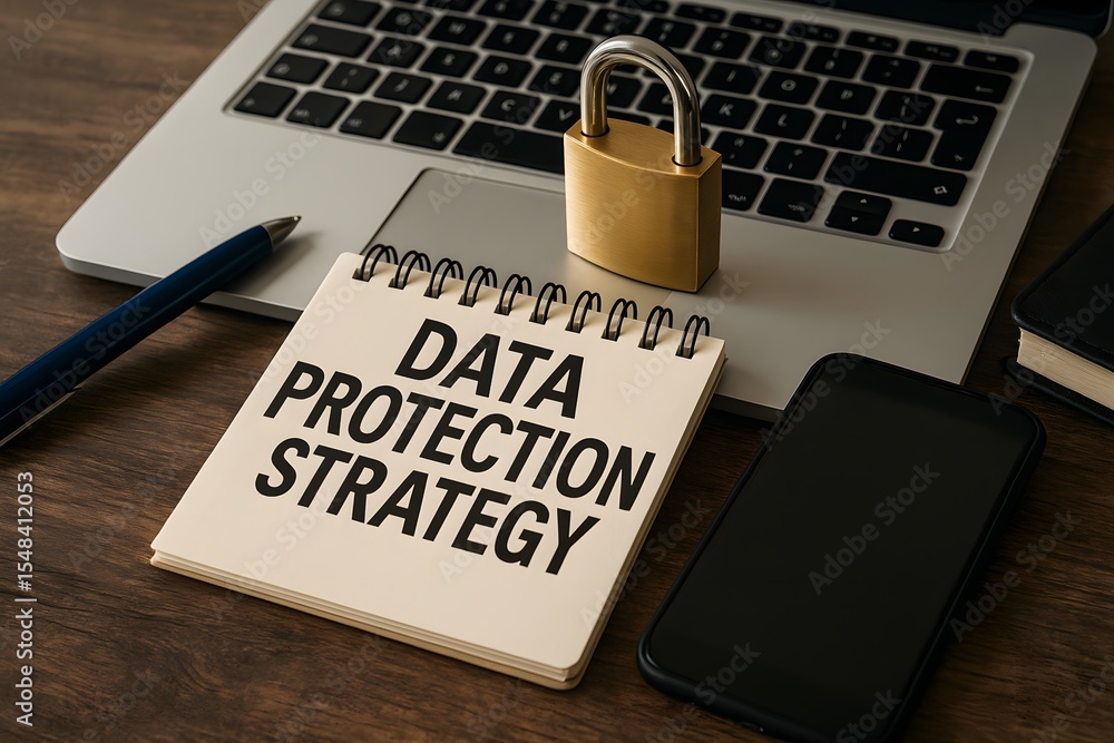 Poster data protection strategy displayed, emphasizing digital security with a notebook, lock, and laptop, 