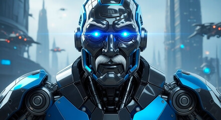 Metallic futuristic shiny 3d black and blue chrome robotic mecha grandpa warrior
