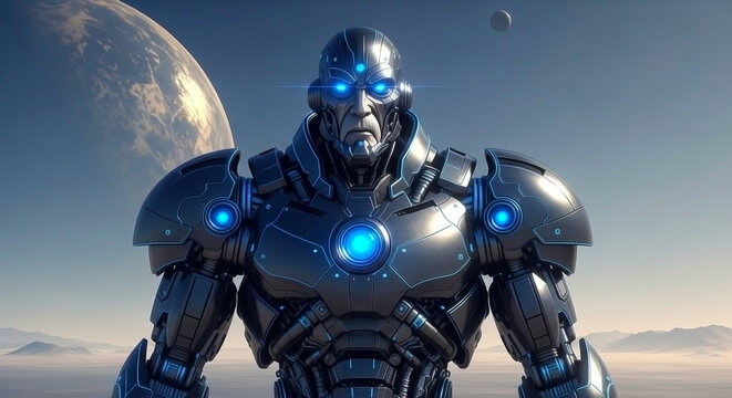 Science fiction artwork of a futuristic metallic robotic mecha android grandpa warrior - Powered by Adobe