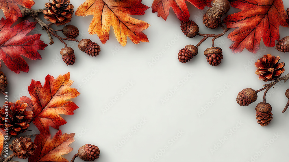 Poster a white background with a bunch of red leaves and brown pine cones. the pine cones are scattered aro