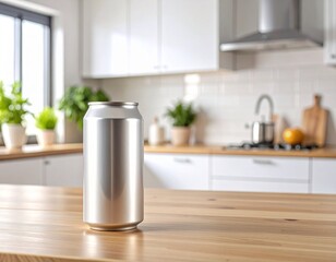 Aluminum Can on Wooden Table – Minimal Kitchen Mockup