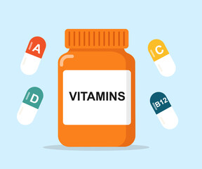 Vitamins Bottle with Floating Capsules, Health and Nutrition Vector Illustration