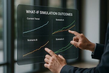 A visionary professional explores the complex world of "What-If Simulation Outcomes," meticulously analyzing the dynamic interplay of diverse scenarios with insightful focus.