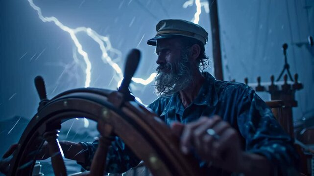 Courageous captain with a long beard and hat skillfully steering a ship through a stormy sea during a lightning storm, showcasing resilience and determination