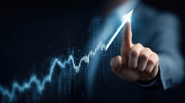  Business growth, progress or success concept. Businessman or trader is showing a growing virtual hologram stock, invest in trading