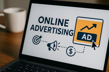 The cutting-edge world of digital marketing, an open laptop displays an eye-catching "online advertising" display, representing the fusion of technology, information, and promotion.
