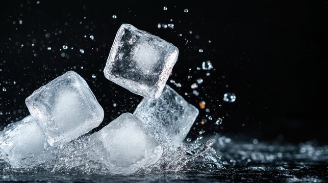 A dynamic image of ice cubes splashing in water against a dark background, capturing the refreshing essence of chill and motion in a lively, artistic portrayal of coolness.