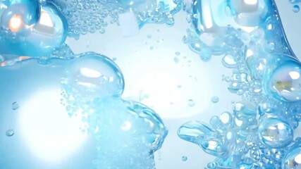 Crystal clear liquid forms beautiful bubble clusters and water beads with perfect transparency, ideal for hygiene products and health-focused marketing. - Powered by Adobe