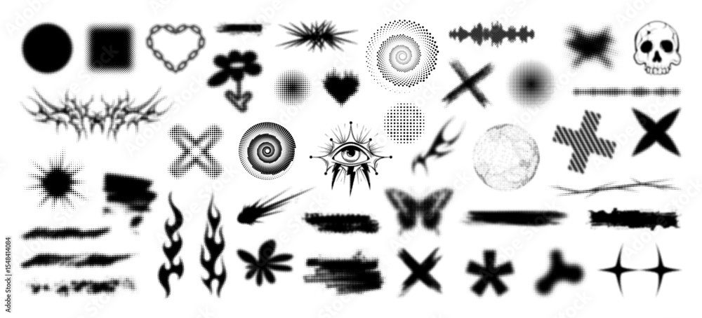 Poster Dotted halftone patterns, grunge elements, icons, logo, y2k shapes. Vector monochrome dotted halftone elements, creative collection for backdrop with pop art effect. Isolated vector shapes elements.