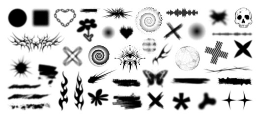 Dotted halftone patterns, grunge elements, icons, logo, y2k shapes. Vector monochrome dotted halftone elements, creative collection for backdrop with pop art effect. Isolated vector shapes elements.