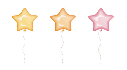 Star-shaped helium air balloons set. Cute vector illustration with golden and pink colors and glossy highlights. Perfect for birthday design, party invitations, prints, and festive decor.
