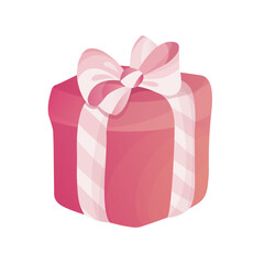 Pink gift box tied with a large bow. Flat vector illustration with soft gradients and rounded shapes. Perfect for holiday cards, party invitations, packaging, web design, and children’s content.