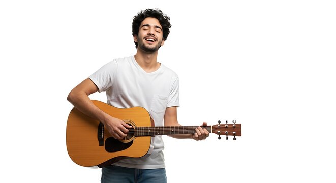 Serene Melody: Capturing the blissful moment of a man absorbed in his music, eyes closed, strumming a wooden guitar with a look of pure joy. A portrait of artistic expression and melodic harmony.